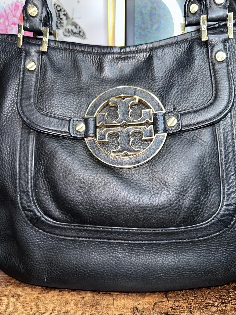Tory Burch Black Pebbled Leather Amanda Tote Shoulder Bag